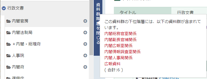 下に含まれる資料群の一覧表示イメージ